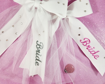 Bride Bachelorette Hair Bow with Embroidery and Crystals