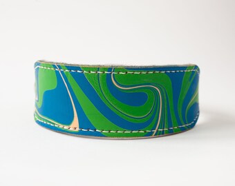 Cool Blue & Green Leather Hound Collar | Stylish Handmade for Whippet, IG, Saluki | Unique Marble Pattern | Custom Designer - Nessie