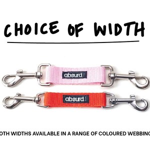 May include: Two dog leash samples with silver clasps. The top leash is pink and 1 inch wide. The bottom leash is orange and 3/4 inch wide. Both leashes have the word "abaurd" printed on them.  "CHOICE OF WIDTH" is written above the leashes.