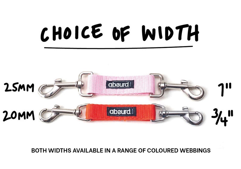 May include: Two dog leash samples with silver clasps. The top leash is pink and 1 inch wide. The bottom leash is orange and 3/4 inch wide. Both leashes have the word "abaurd" printed on them.  "CHOICE OF WIDTH" is written above the leashes.