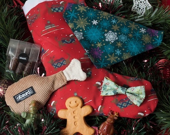 Handmade Christmas Stocking Gift for Your Dog: Includes Festive Toy, Bandana, Bow, Sausages, Gingerbread Biscuit, Veggie Chews,