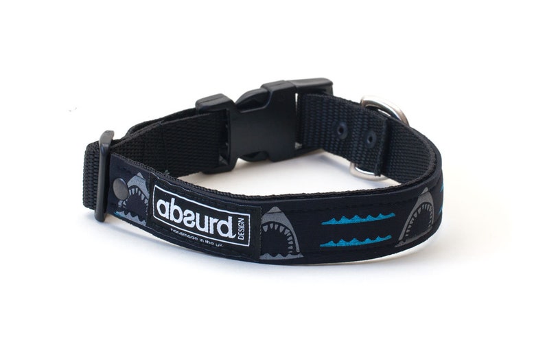 Waterproof Adjustable Dog Collar Patterned Neoprene Handmade Shark Bait Absurd Design image 1