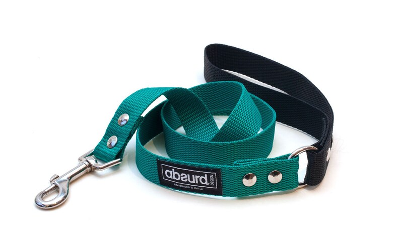 K&ouml;nnte beinhalten: Eine tealblaue Hundeleine mit schwarzem Griff und silbernem Karabiner. Die Leine hat ein schwarzes Etikett mit dem aufgedruckten Wort "abeurd".