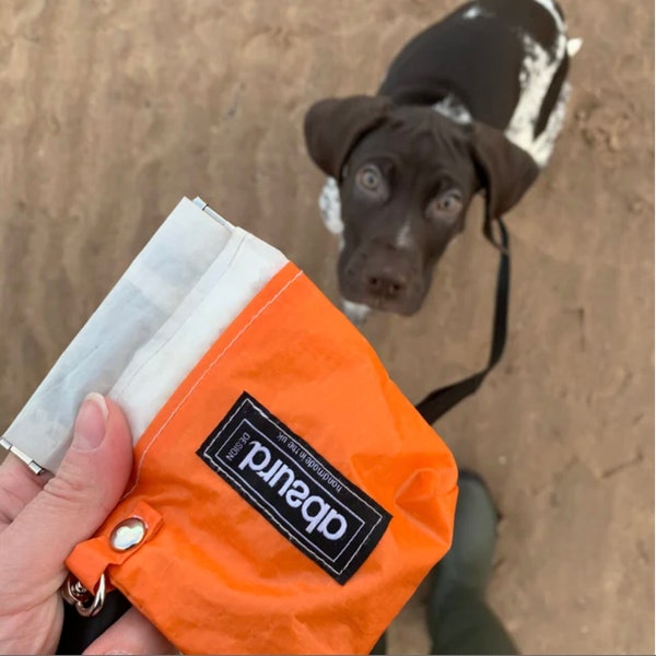 Waterproof Treat Pouch | Poop Bag Holder | Stylish Lead Accessory | Eco Upcycled Material | Dog Walking | Pet Gifts | Orange | Absurd Design