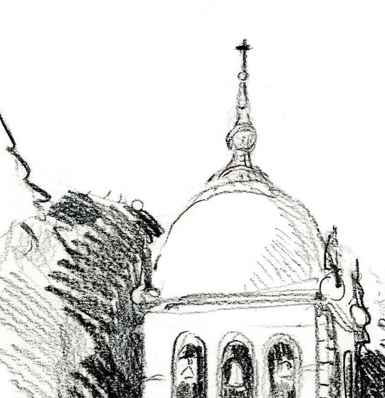 Charcoal Church Tower Drawing and Calming Impressionist Art Etsy