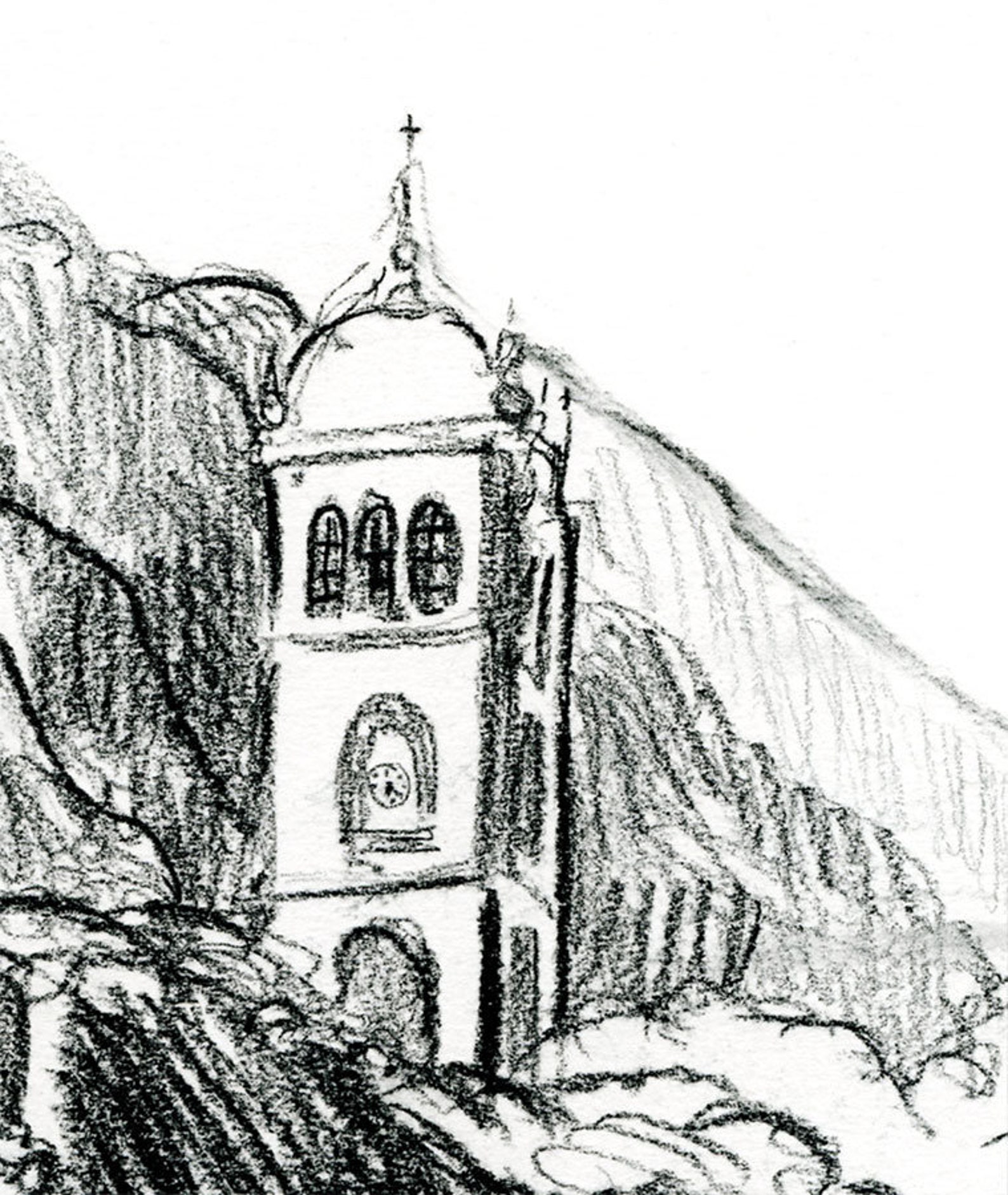 Charcoal Church Tower Drawing and Calming Impressionist Art Etsy