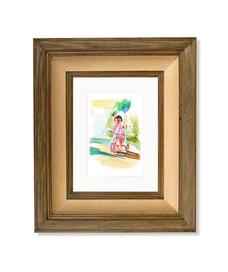 Girl on Bicycle Giclee Art Print; Modern Summer Landscape Sketch; Art Print Gift; Children and Kids Figurative Artwork; Contemporary Drawing