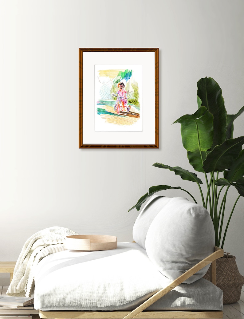 Girl on Bicycle Giclee Art Print; Modern Summer Landscape Sketch; Art Print Gift; Children and Kids Figurative Artwork; Contemporary Drawing