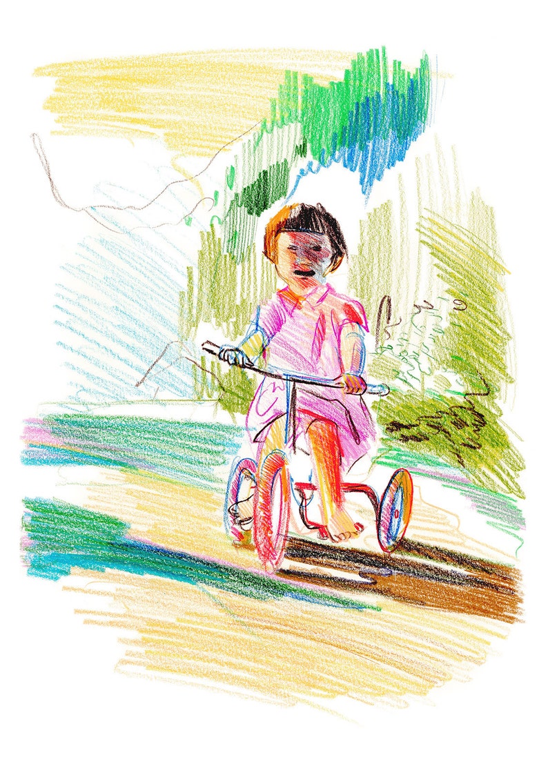 Girl on Bicycle Giclee Art Print; Modern Summer Landscape Sketch; Art Print Gift; Children and Kids Figurative Artwork; Contemporary Drawing