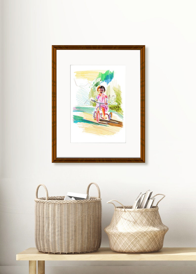 Girl on Bicycle Giclee Art Print; Modern Summer Landscape Sketch; Art Print Gift; Children and Kids Figurative Artwork; Contemporary Drawing
