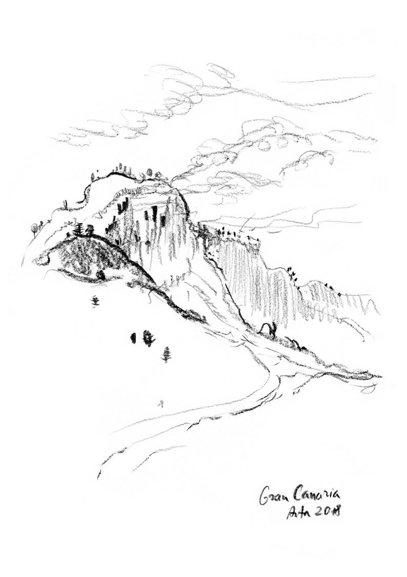 Set of 2 Art Prints Charcoal Drawing Calm Mountain Village Etsy