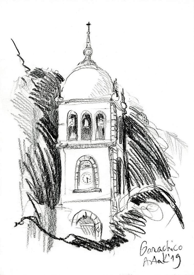 Charcoal Church Tower Drawing and Calming Impressionist Art Etsy