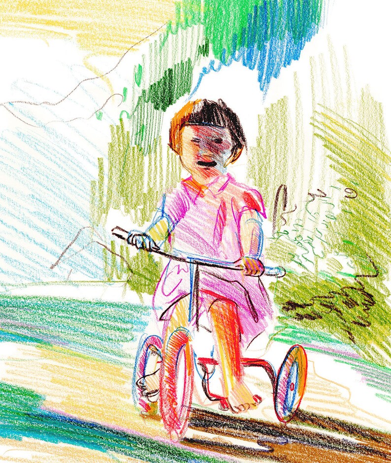 Girl on Bicycle Giclee Art Print; Modern Summer Landscape Sketch; Art Print Gift; Children and Kids Figurative Artwork; Contemporary Drawing
