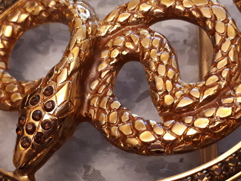 Golden snake belt buckle encrusted with rhinestones 85 x 65 mm