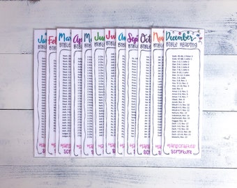 Set of 12 Bible Reading Plan Bookmarks, Read the Bible in a Year, Monthly Reading Charts, Personalized Gift