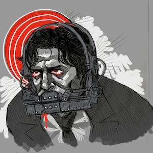 May include: Illustration of a man with dark hair, wearing a metal muzzle and headgear. His eyes are red, and a red circle with white stripes is behind his head. A drop of red liquid is below the muzzle.
