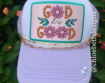 God is Good women's bling trucker hat- faith Christian religious patch flower purple hat chain, summer vacation beach baseball cap