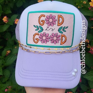 God is Good women's bling trucker hat- faith Christian religious patch flower purple hat chain, summer vacation beach baseball cap