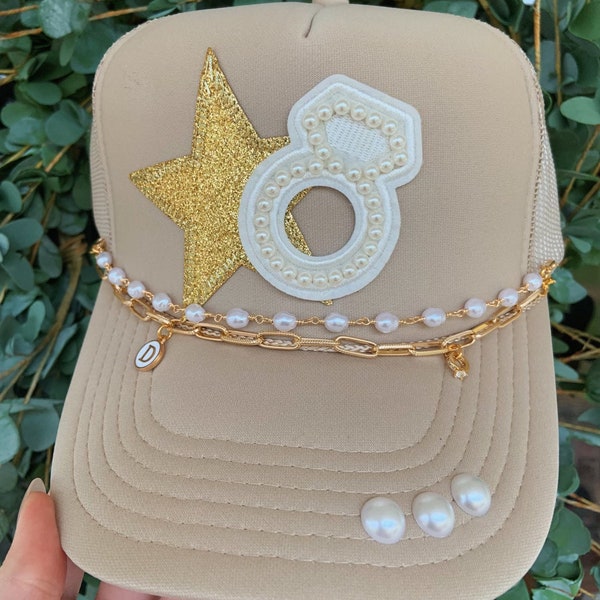 Let's get hitched trucker hat, bling hat, tan hat, bachelorette party gifts and accessories, pearl wedding ring and gold star patch, chain