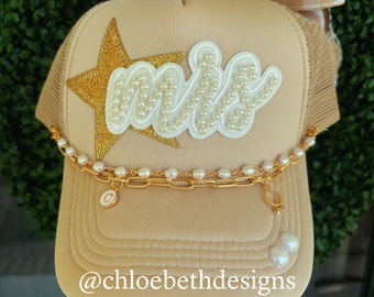 Let's get hitched mrs trucker hat, bling hat, tan hat, bachelorette party gifts accessories, pearl wedding ring and gold star patch, chain