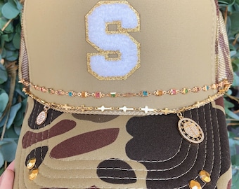 Custom camo bling trucker hat- initial hat, hat chains, cross, initial, custom, vacation beach summer, bulk pack