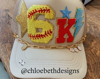 Baseball softball women's tan bling trucker hat- blue and red, lightning bolt, number and initial patch, star, hat chains, summer vacation