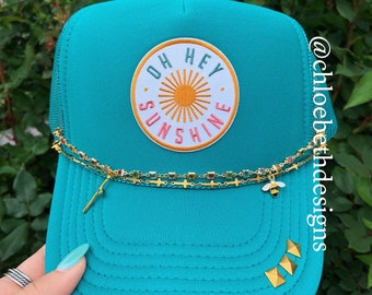 Hey sunshine teal women's bling trucker hat- hat chains, cross & bee charm, cross chain, beach hat, summer hat , vacation
