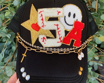 Women's trucker hat with baseball number, heart, smiley face, initial patch, gold star, mama baseball hat, hat chains and charms