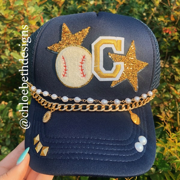 Navy baseball mom hat- with stars, baseball, initial patch, hat chains, cross charm, bling hat, vacation ball field mom