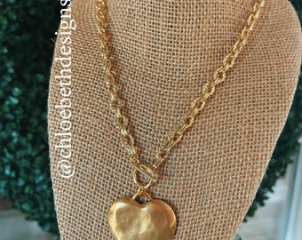 Chunky gold plated large hammered heart charm choker necklace- statement necklace, handmade jewelry, unique