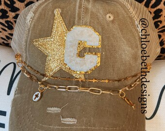 Custom bling distressed tan trucker hat with gold star and initial, women's ball cap