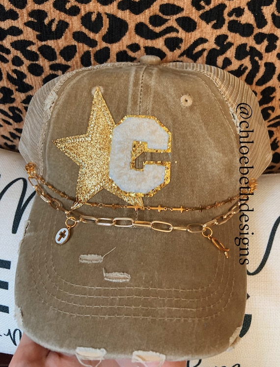 Custom bling distressed tan trucker hat with gold star and initial, women's ball cap