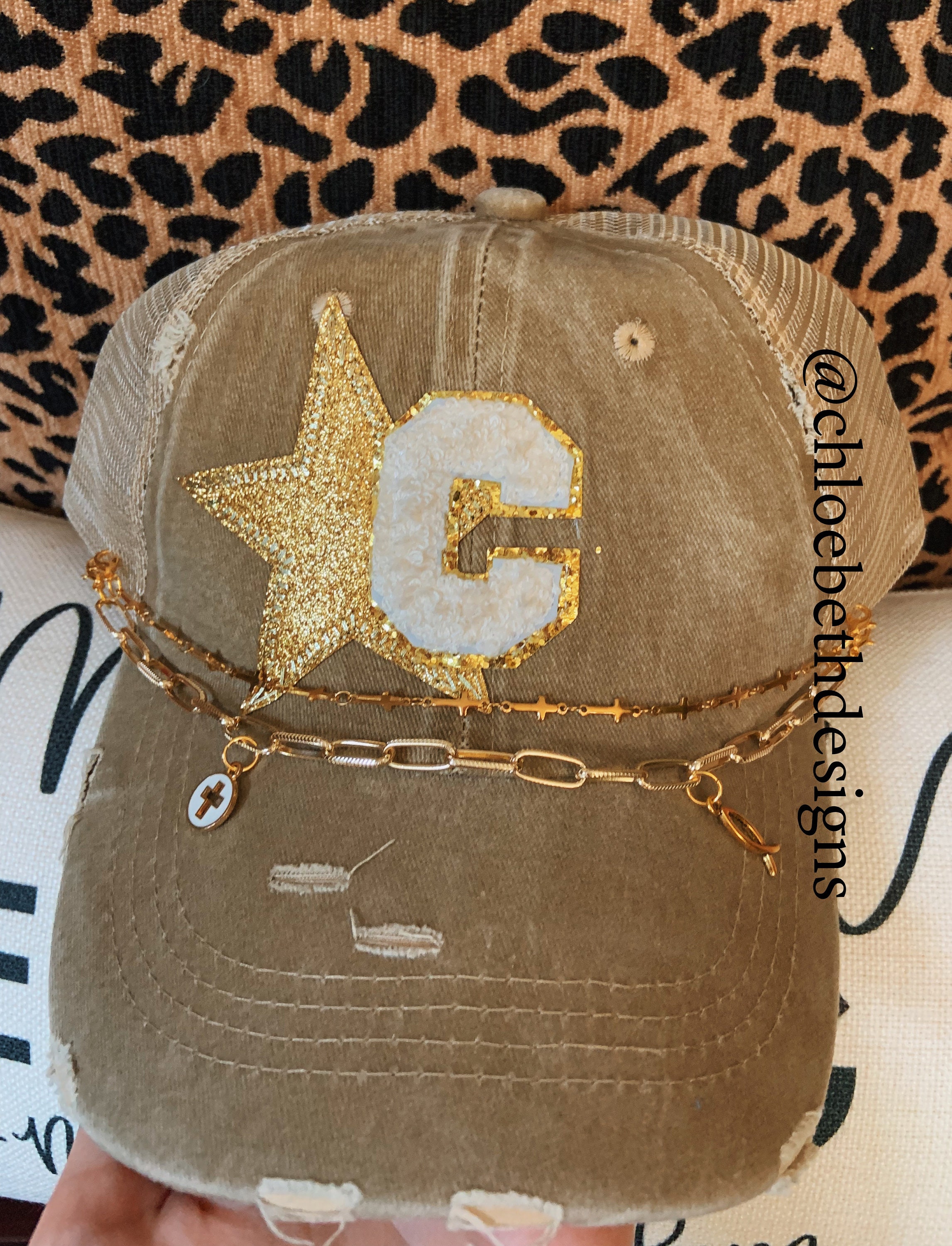 Custom Bling Distressed Tan Trucker Hat With Gold Star and 