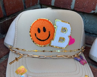 Women's custom bling trucker hat with hat chains- initial hat, smiley face hat, heart hat, pearl hat