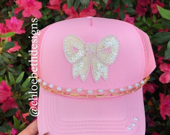 Baby pink/light pink pearl bow bling trucker hat- otto trucker hat, summer hat, women’s hat, pearl chain and gold chain