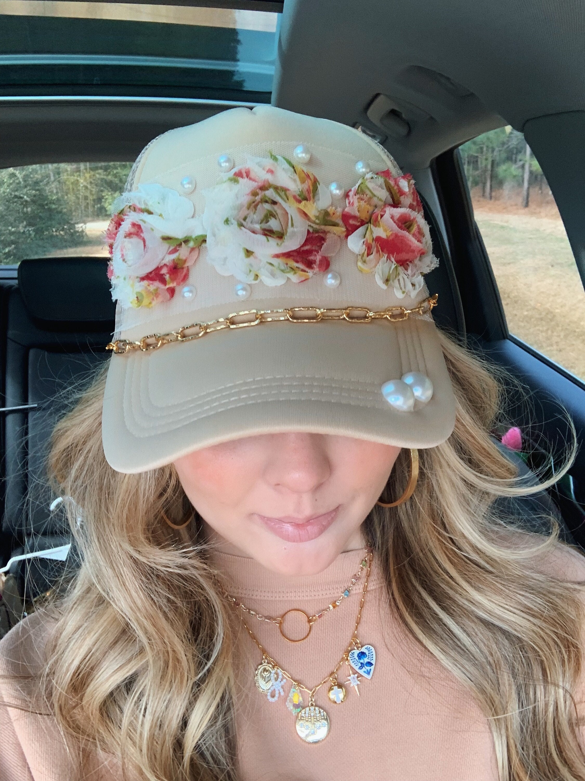 Limited Edition Brown Floral & Pearl Embellished Trucker Hat Embellished hat #trucker #truckerhatcustom  main image 2