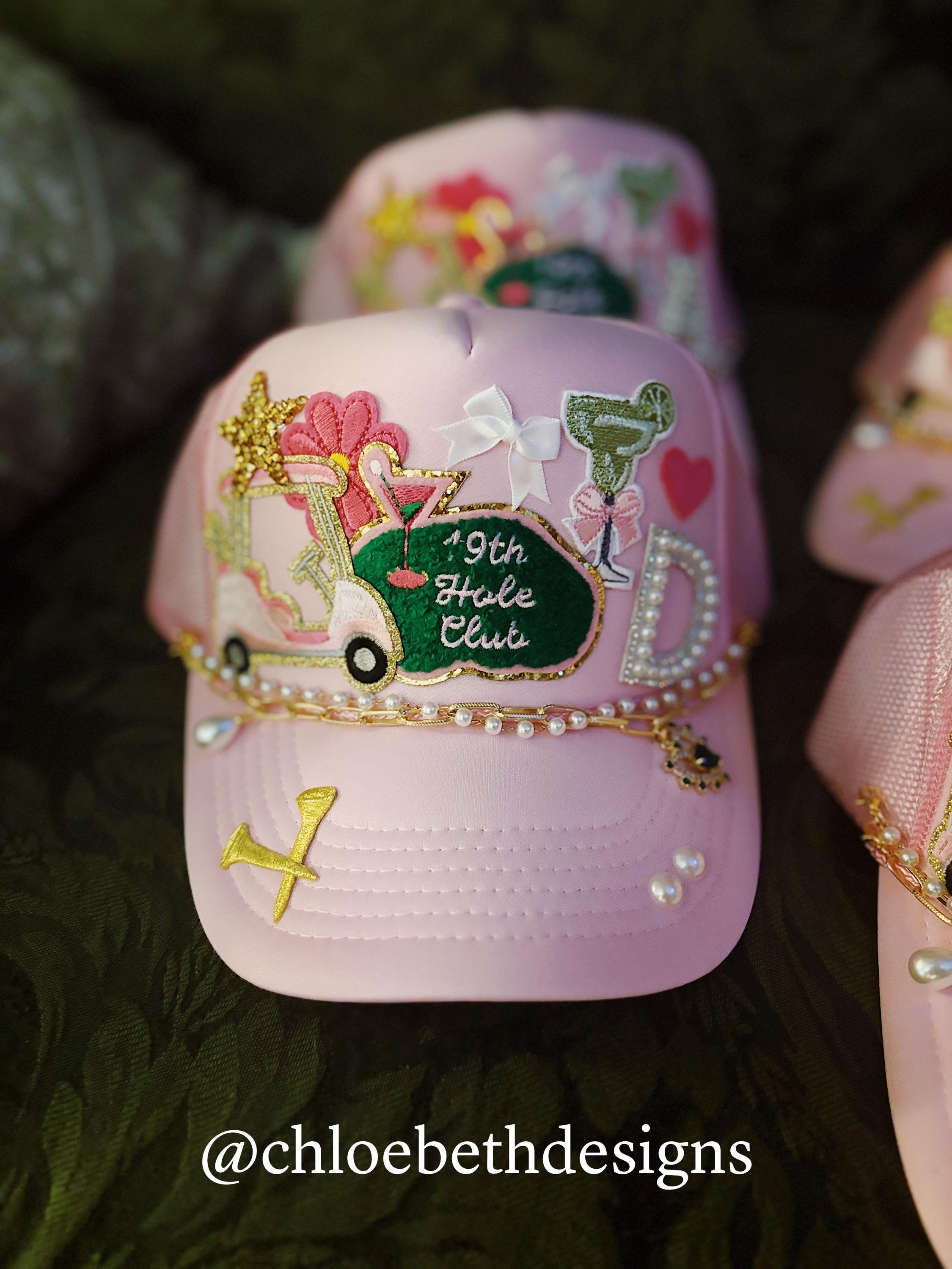 Golf Cart Sequin Patch Trucker Hat Cuban Chain Pink Gold Glam Coastal Cowgirl Trucker Hat: Pink Western Sequin Cap With  main image 4