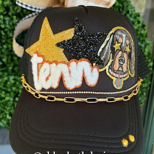 Tennessee Vols, TN, black and orange bling trucker hat, mascot, gamedays, football, hat chains, custom trucker hat