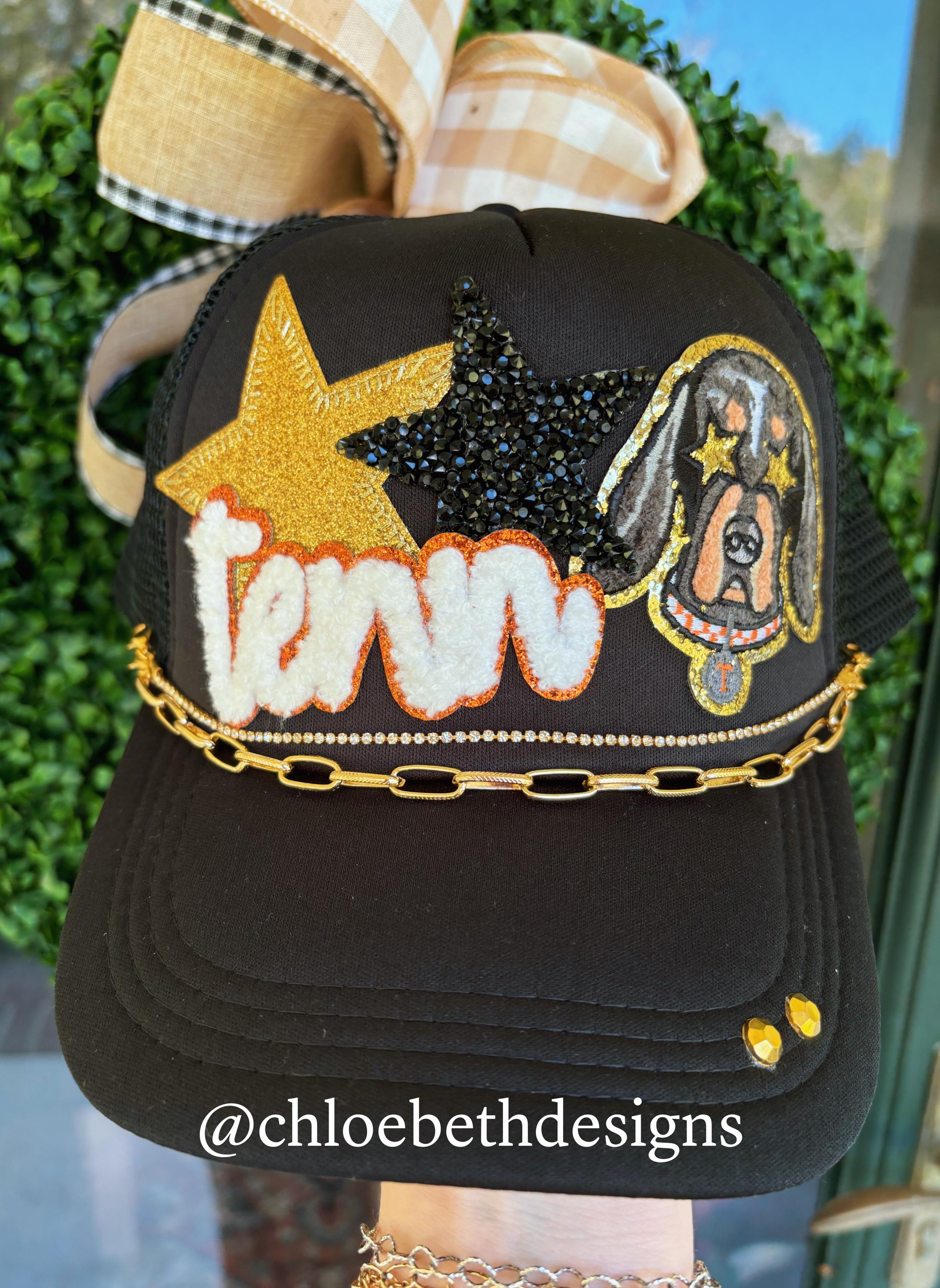 Tennessee Vols, TN, black and orange bling trucker hat, mascot, gamedays, football, hat chains, custom trucker hat