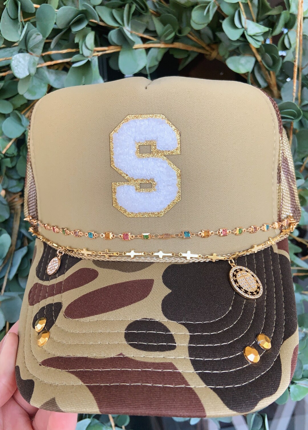 Custom Camo Bling Trucker Hat- Initial Hat, Hat Chains, Cross, Initial ...