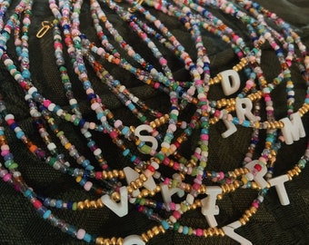 seed bead necklace with pearl initial, letter charm