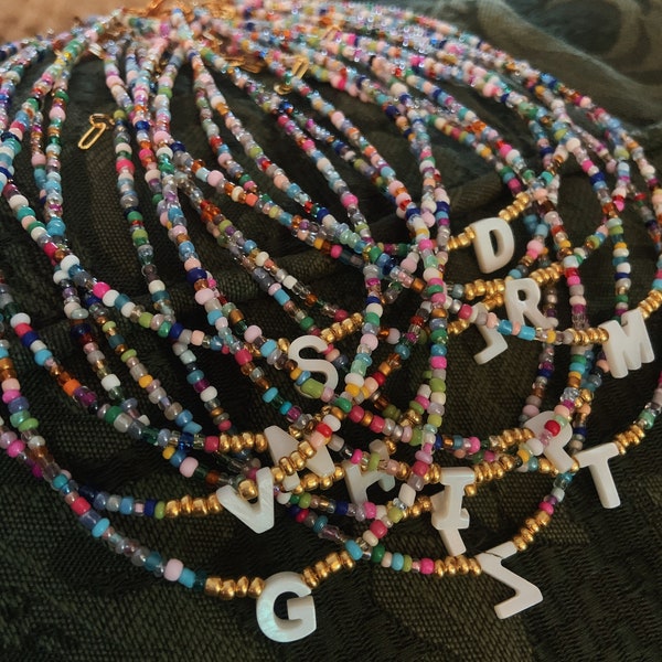 seed bead necklace with pearl initial, letter charm