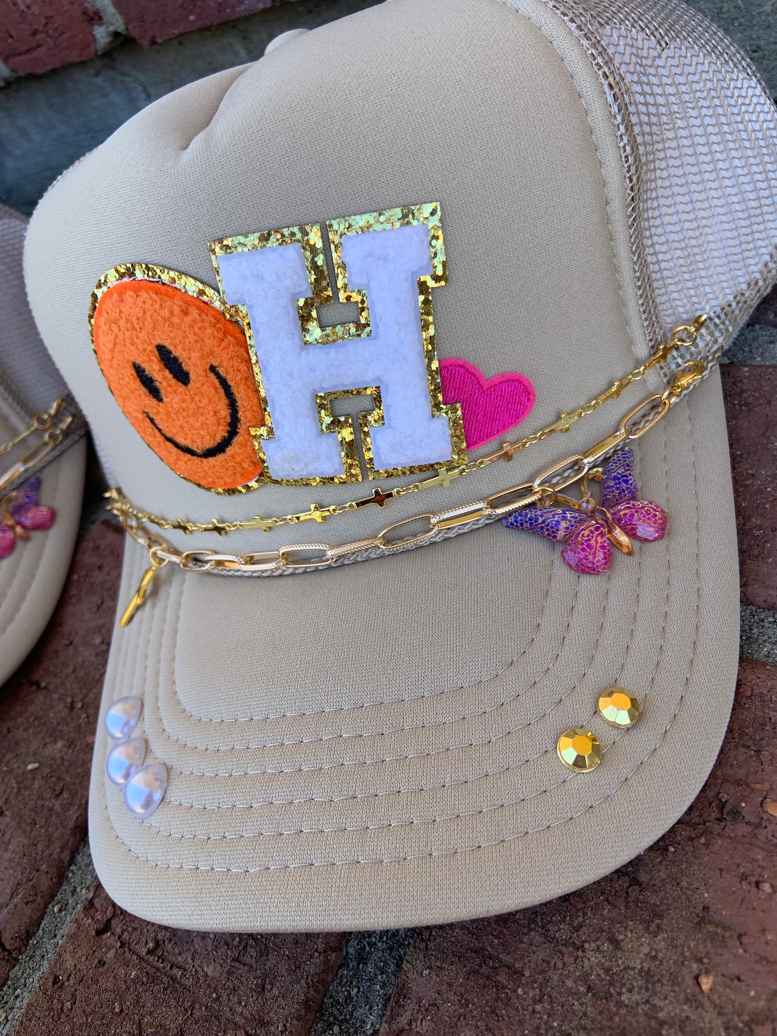 Women's Custom Bling Trucker Hat With Hat Chains Initial Hat, Smiley ...