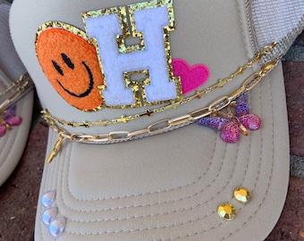 Women's custom bling trucker hat with hat chains- initial hat, smiley face hat, heart hat, pearl hat