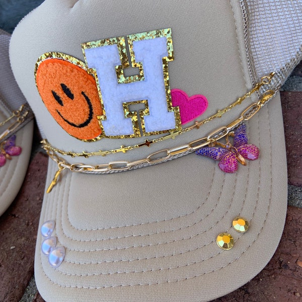 Women's custom bling trucker hat with hat chains- initial hat, smiley face hat, heart hat, pearl hat