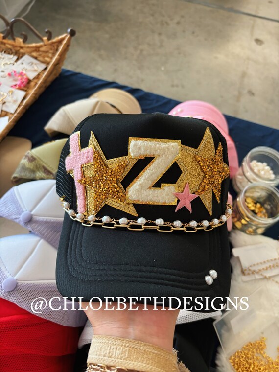 Black Trucker Hat- Initial Cross Star Patches, Bling Hat  display picture 2