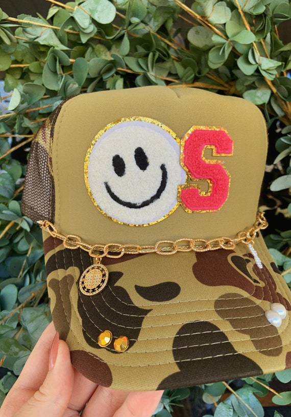 Camo Otto Bling Trucker Hat- Chenille Initial and Smiley  display picture 3