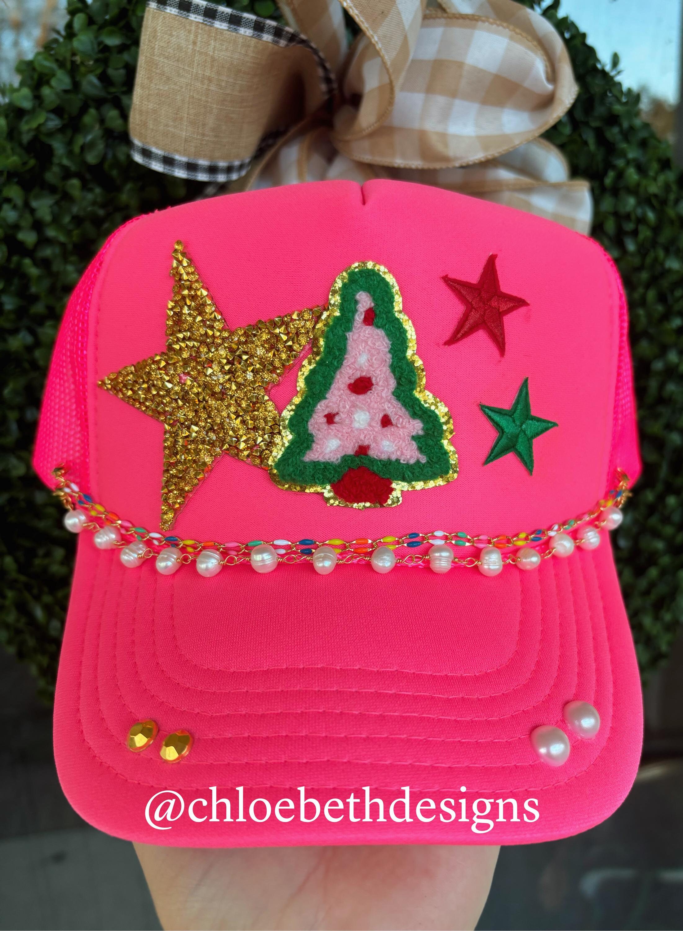 Women's trucker hat- Christmas holiday present gift- tree, star, pearls, bling, gift, custom trucker hat bar, neon hot pink trucker hat