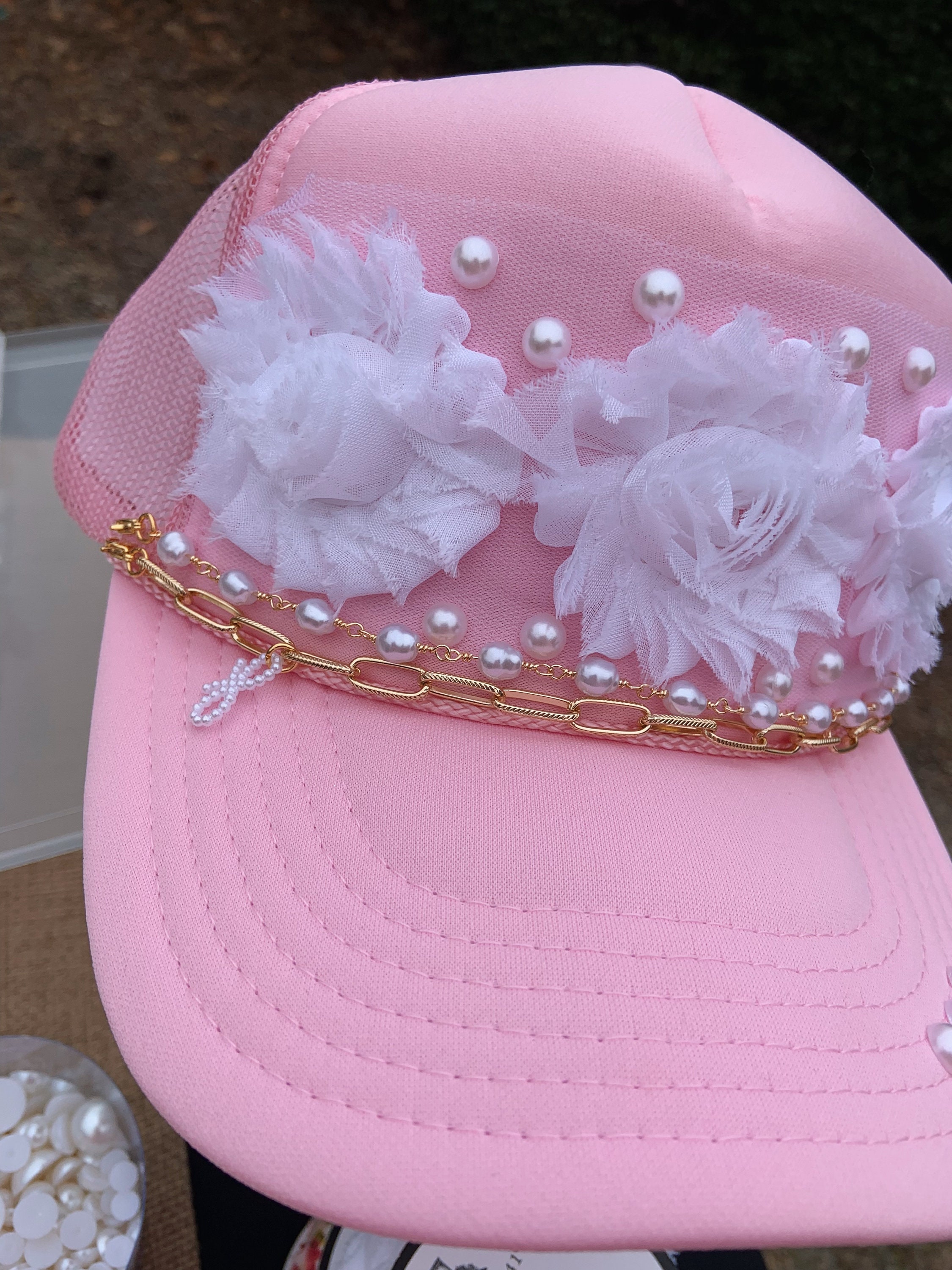 OTTO Green and Pink Hat with Chain Detail Baby Pink/light Pink Pearl Bow Bling Trucker Hat- Otto  main image 4