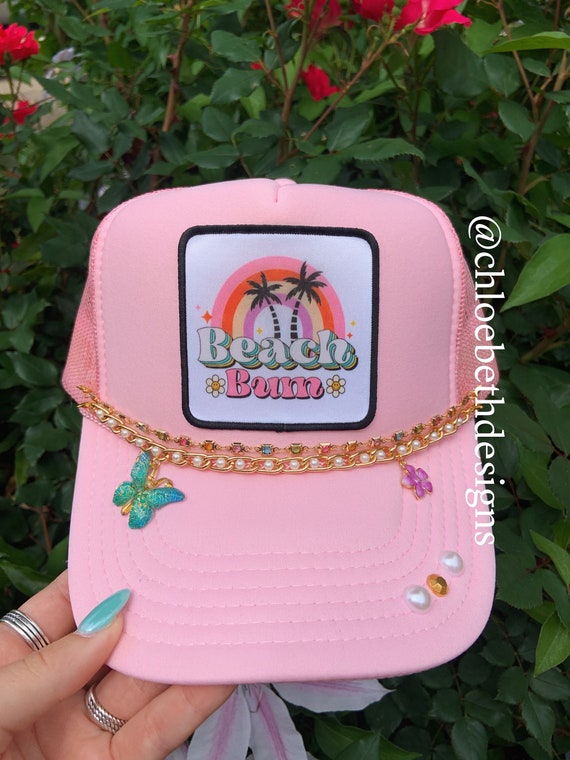 Baby Pink Beach Bum Trucker Hat- Beach, Rainbow, Palm Tree  display picture 3